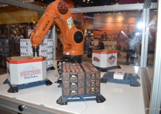 This robot can fill large bins. It puts bags into bins and can stack them nicely. Volm Companies provides the end-of-arm tool of the robot. The bin-filler is patent pending.